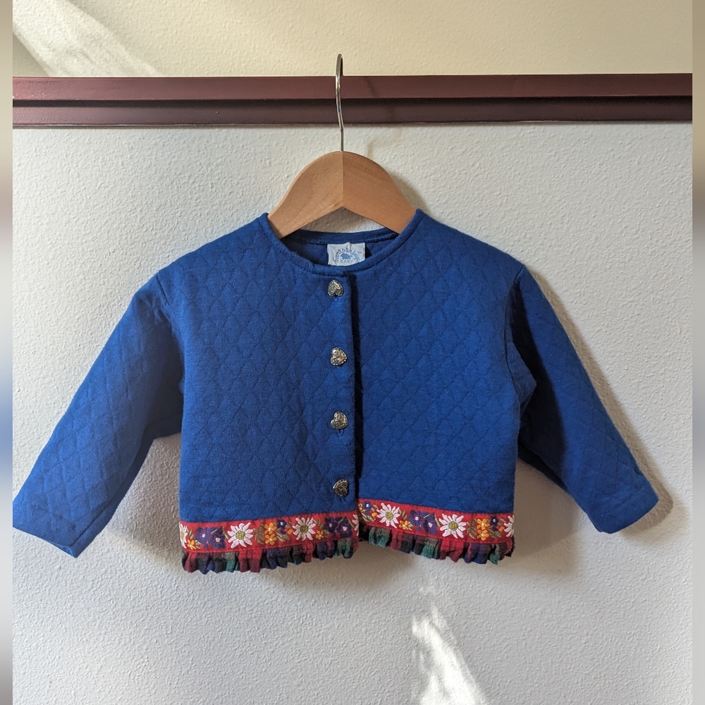 Vintage Blue Jacket With Plaid Trim, Silver Heart Buttons, Size 24 Months